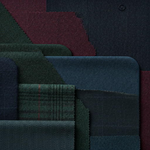 Layered fabric swatches in navy, burgundy, and green