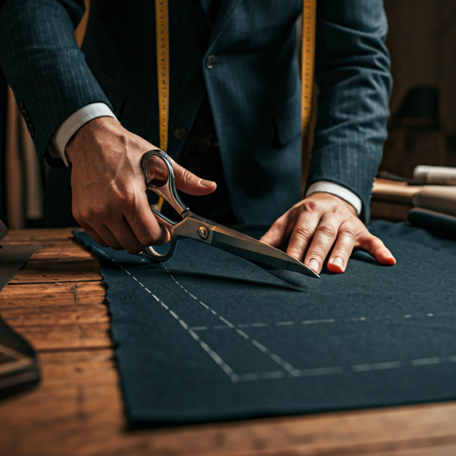 Tailor cutting navy fabric with shears on a workbench